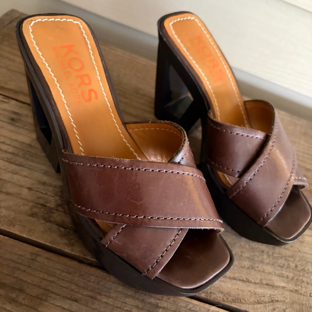 KORS Michael Kors Brown Leather 70s Retro Geometric Cut-out Platform Sandals